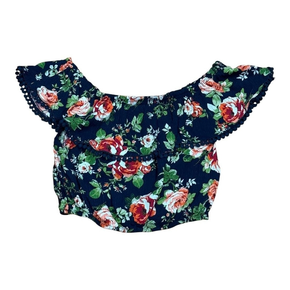 Ambiance Crop Top Womens Small Navy Blue Floral Off Shoulder Ruffle Boho Summer